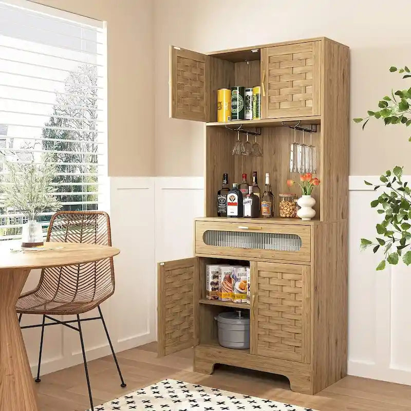 Kitchen Buffet and Hutch Wooden Storage Cupboard with Glass Drawer and Microwave Space