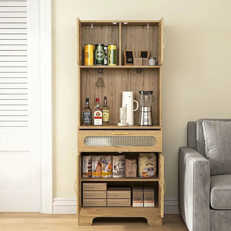 Kitchen Buffet and Hutch Wooden Storage Cupboard with Glass Drawer and Microwave Space