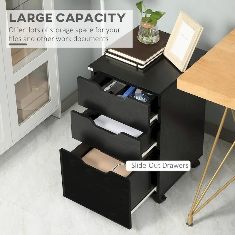 3 Drawer Office Storage Cabinet with Wheels, Black