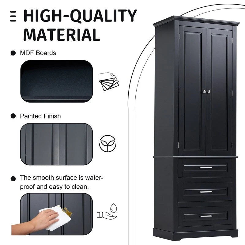 Freestanding Storage Cabinet with Two Doors, 3 Drawers, and Adjustable Shelves