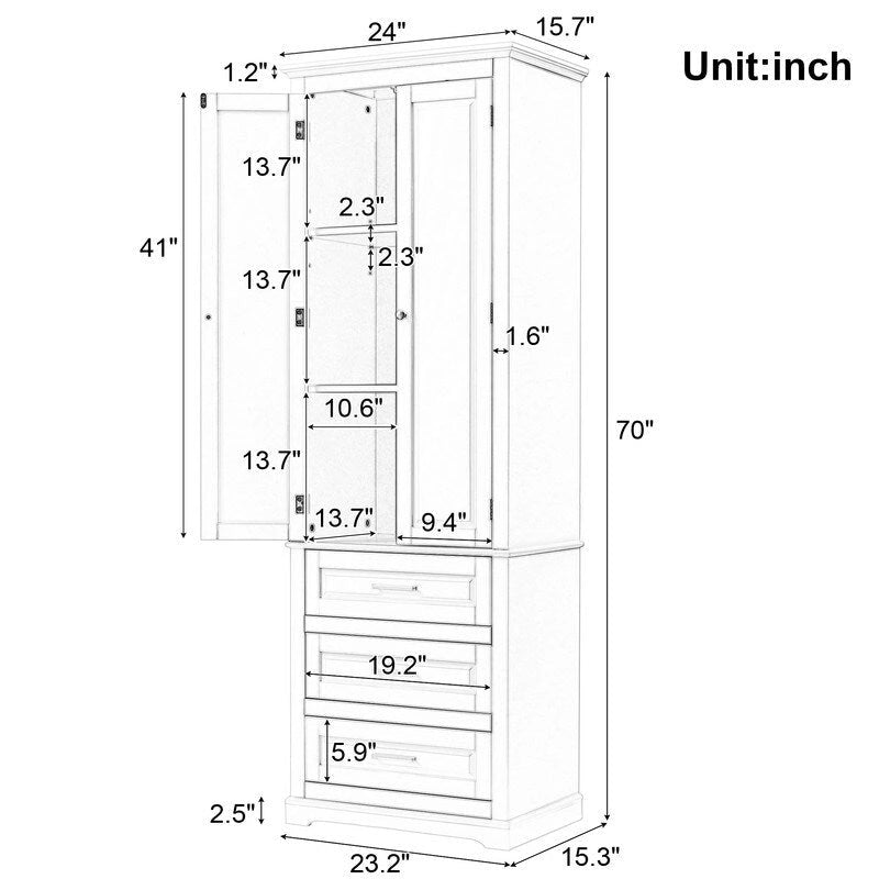Freestanding Storage Cabinet with Two Doors, 3 Drawers, and Adjustable Shelves