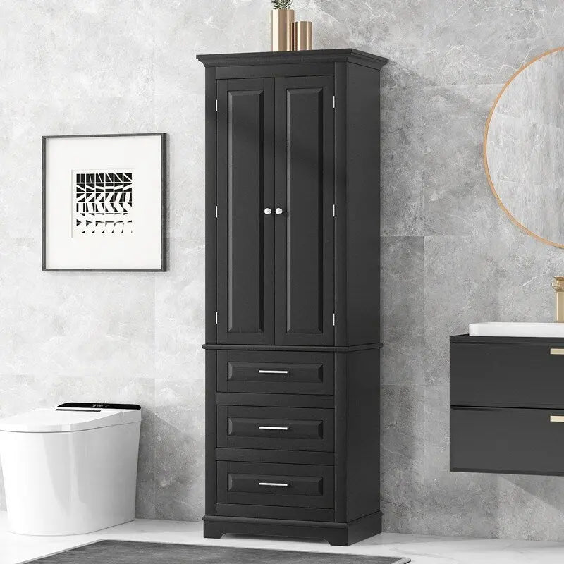 Freestanding Storage Cabinet with Two Doors, 3 Drawers, and Adjustable Shelves