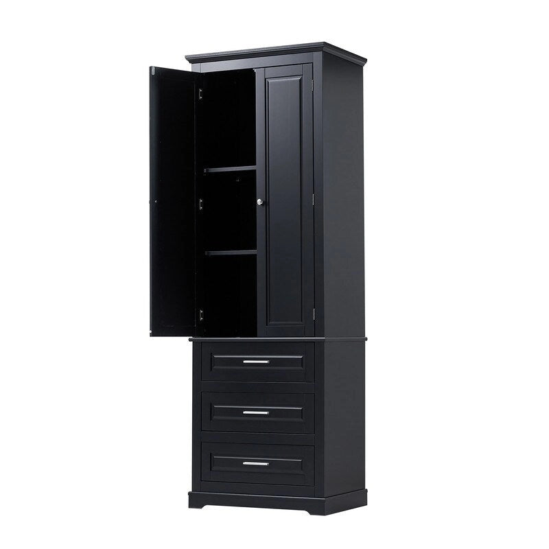 Freestanding Storage Cabinet with Two Doors, 3 Drawers, and Adjustable Shelves