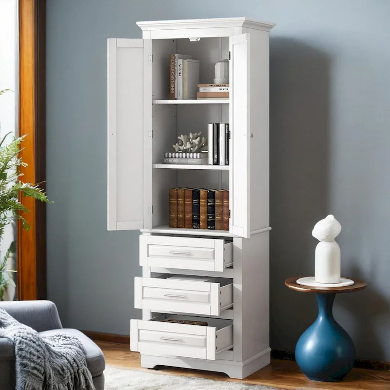 Freestanding Storage Cabinet with Two Doors, 3 Drawers, and Adjustable Shelves