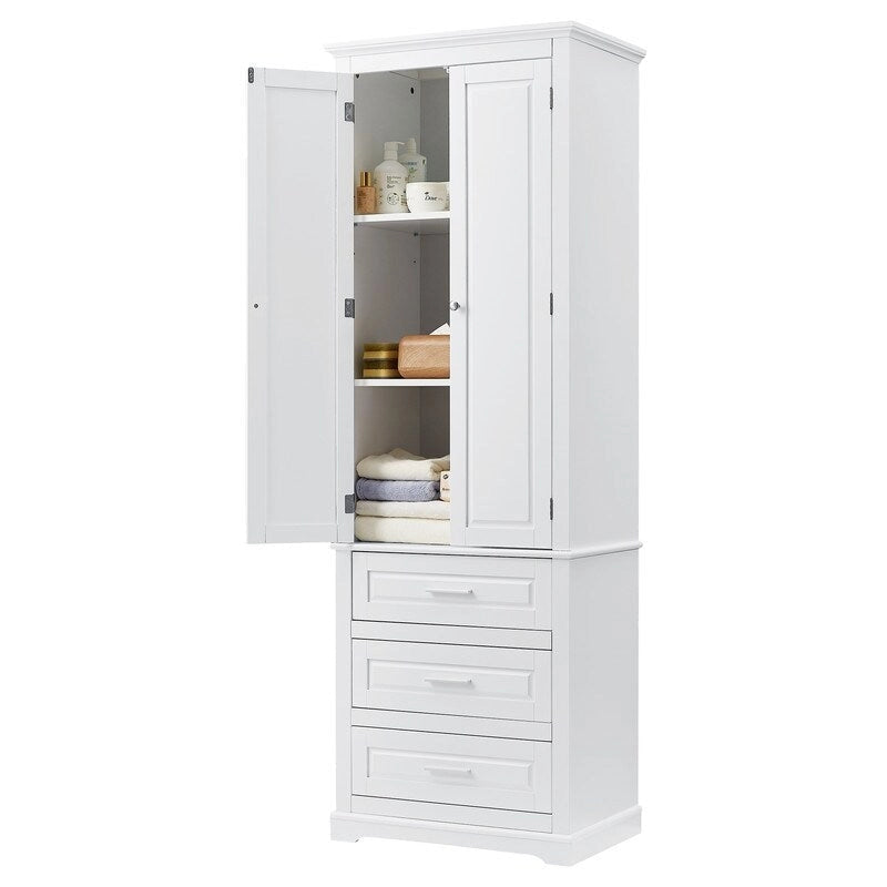 Freestanding Storage Cabinet with Two Doors, 3 Drawers, and Adjustable Shelves