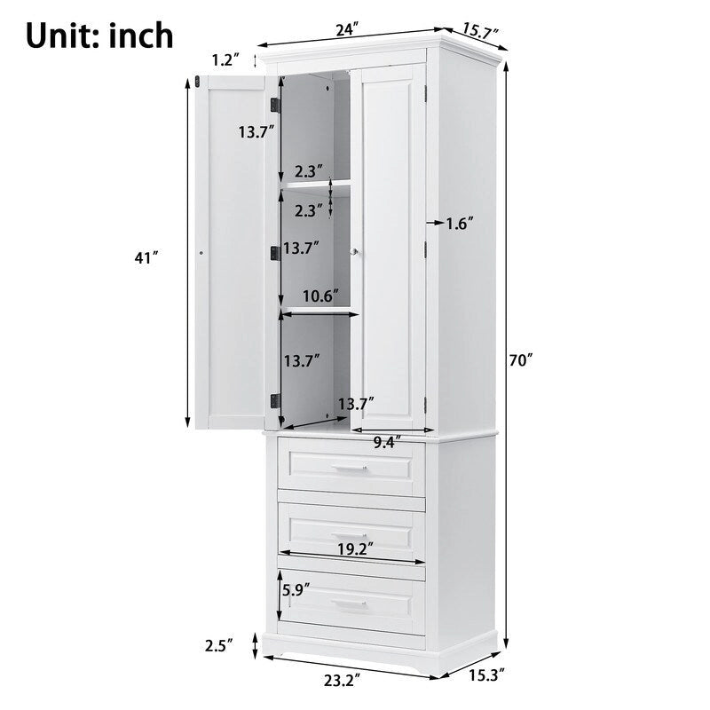 Freestanding Storage Cabinet with Two Doors, 3 Drawers, and Adjustable Shelves