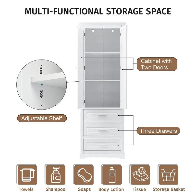 Freestanding Storage Cabinet with Two Doors, 3 Drawers, and Adjustable Shelves