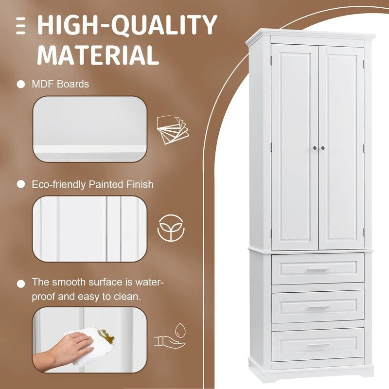 Freestanding Storage Cabinet with Two Doors, 3 Drawers, and Adjustable Shelves