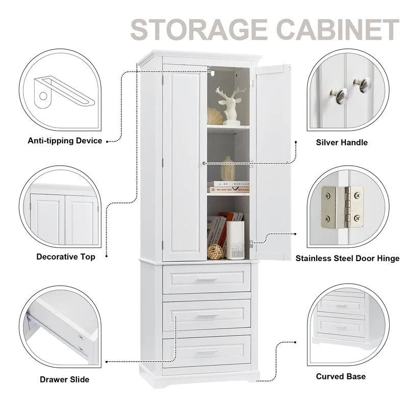 Freestanding Storage Cabinet with Two Doors, 3 Drawers, and Adjustable Shelves