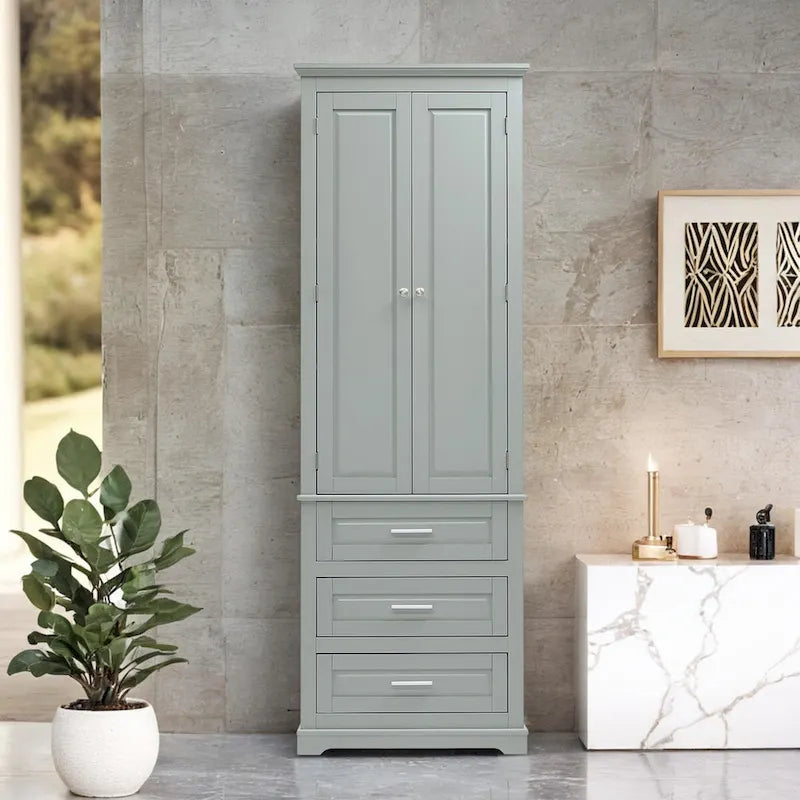 Freestanding Storage Cabinet with Two Doors, 3 Drawers, and Adjustable Shelves