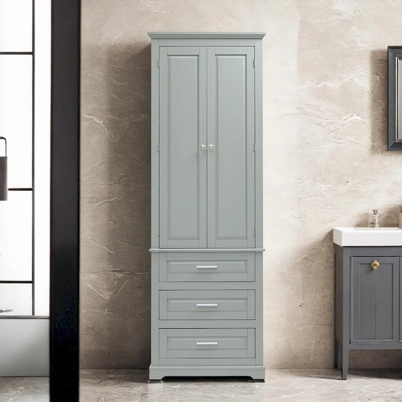 Freestanding Storage Cabinet with Two Doors, 3 Drawers, and Adjustable Shelves