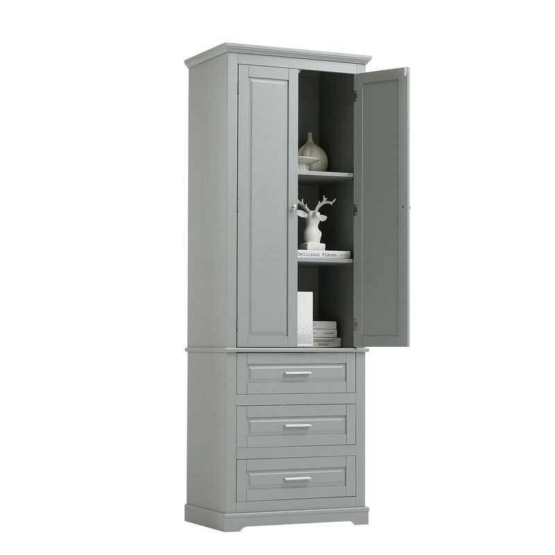 Freestanding Storage Cabinet with Two Doors, 3 Drawers, and Adjustable Shelves