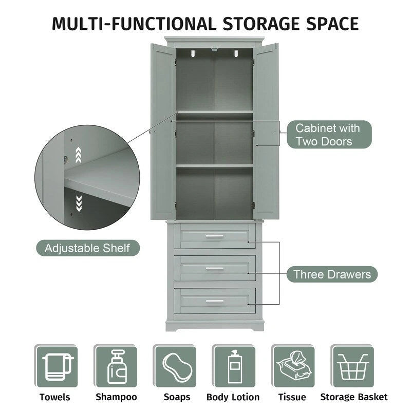 Freestanding Storage Cabinet with Two Doors, 3 Drawers, and Adjustable Shelves