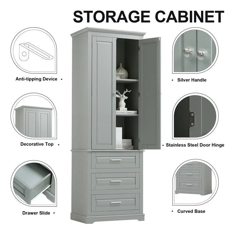 Freestanding Storage Cabinet with Two Doors, 3 Drawers, and Adjustable Shelves