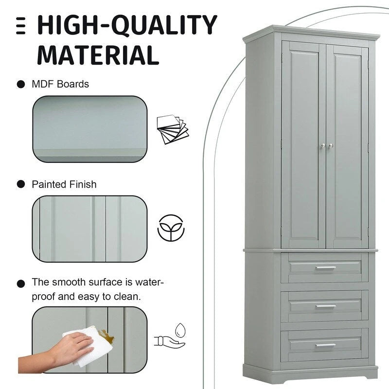Freestanding Storage Cabinet with Two Doors, 3 Drawers, and Adjustable Shelves