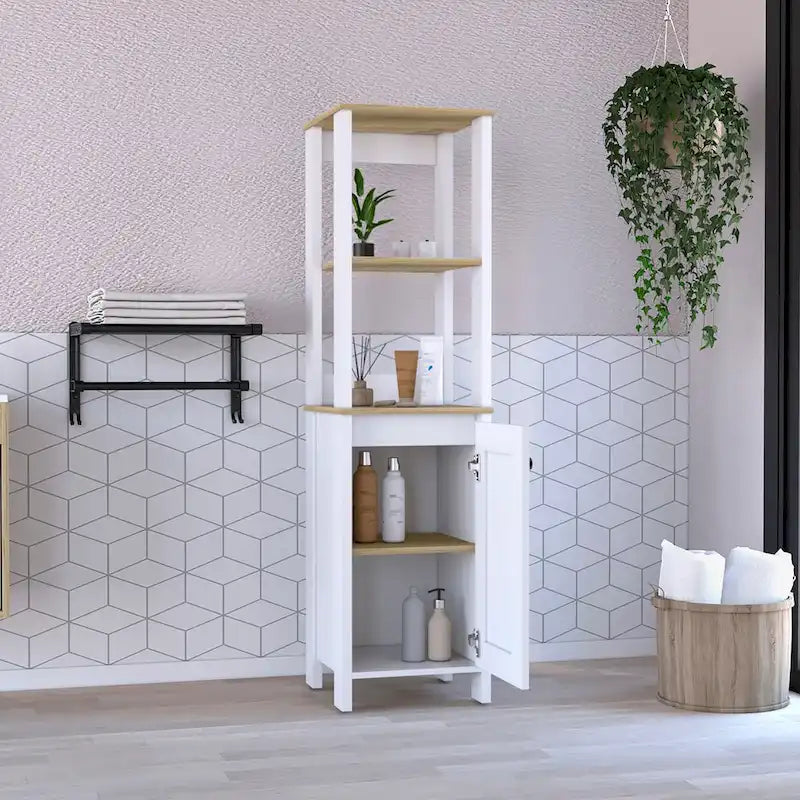 Bathroom Linen Cabinet with Open Shelves and Single Door