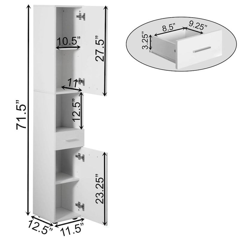 71.5 Inches Tall Thin Corner Shelf Floor Cabinet with 2 Doors, 1 Drawer