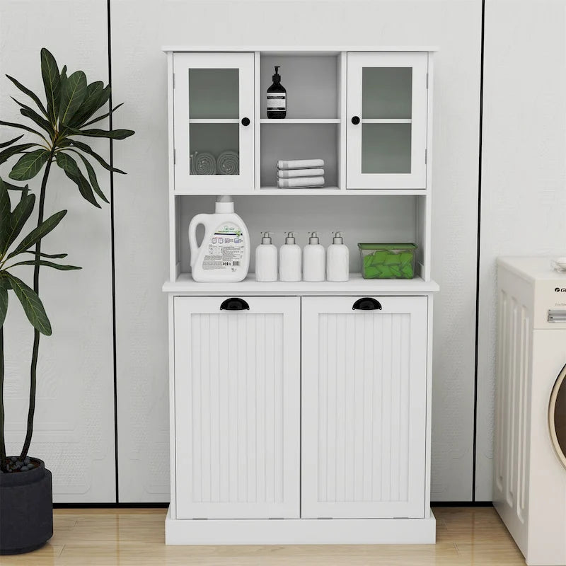 Two-Compartment Tilt-Out Dirty Laundry Basket Tall Bathroom Cabinet