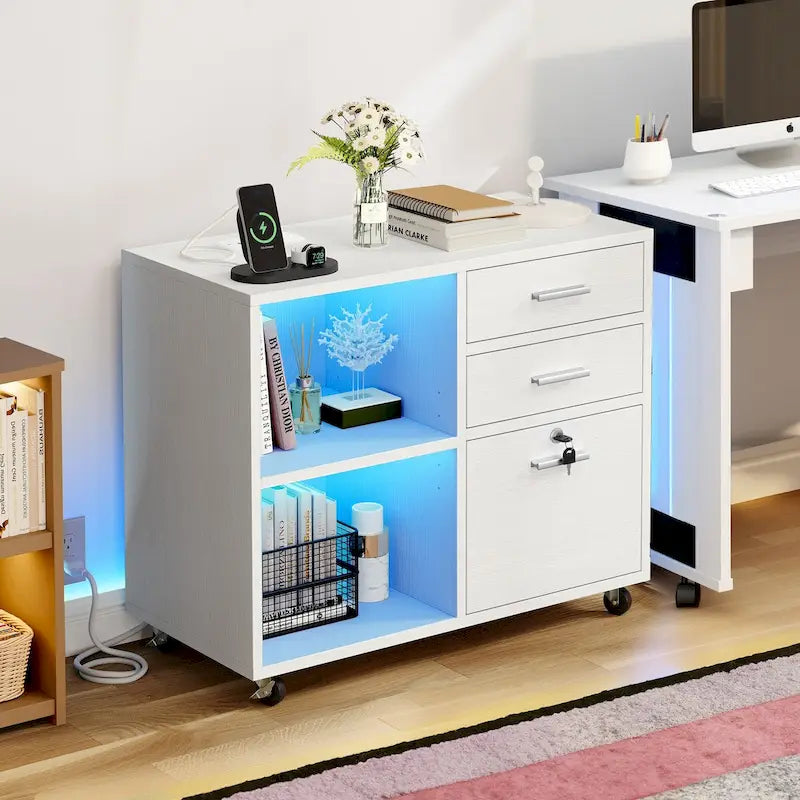 3-Drawer Mobile LED Filing Cabinet with Charging Station, Fits A4/Letter Size