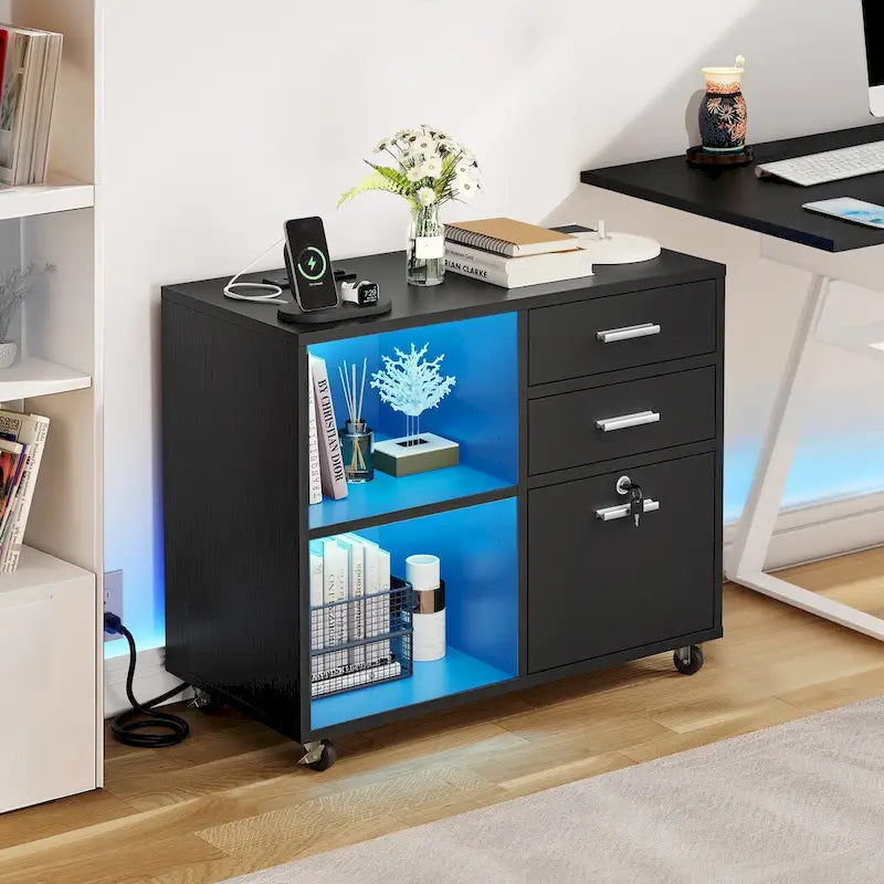 3-Drawer Mobile LED Filing Cabinet with Charging Station, Fits A4/Letter Size