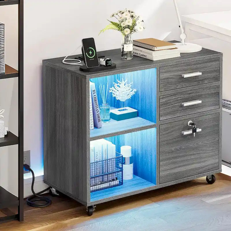 3-Drawer Mobile LED Filing Cabinet with Charging Station, Fits A4/Letter Size