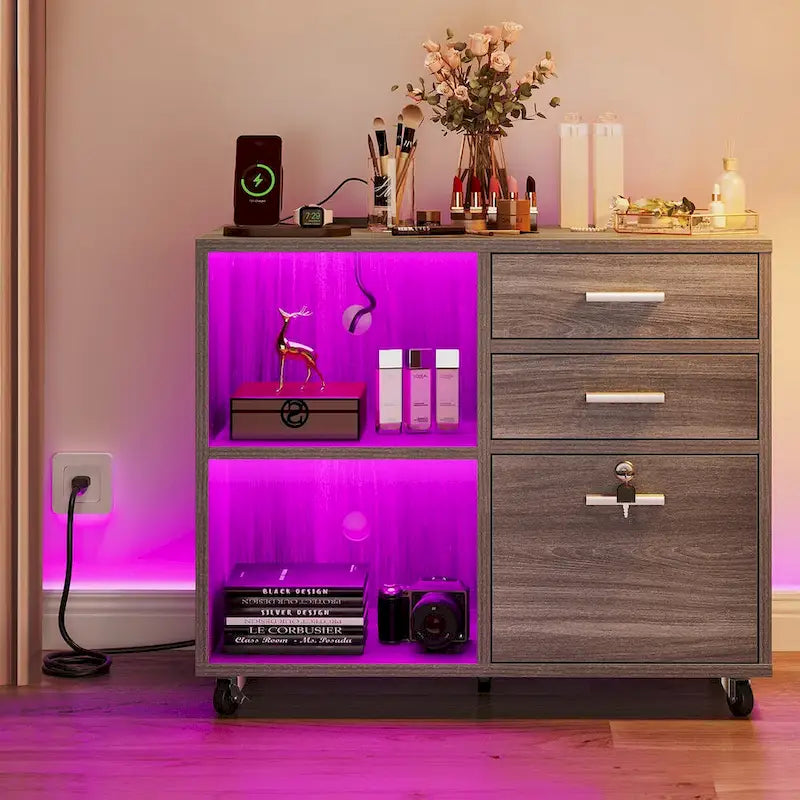 3-Drawer Mobile LED Filing Cabinet with Charging Station, Fits A4/Letter Size