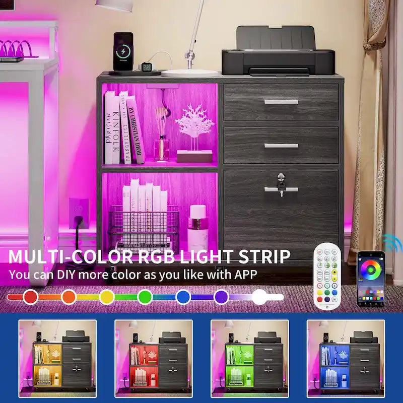 3-Drawer Mobile LED Filing Cabinet with Charging Station, Fits A4/Letter Size