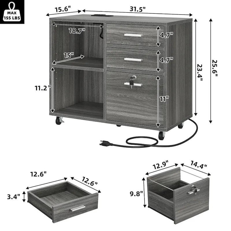 3-Drawer Mobile LED Filing Cabinet with Charging Station, Fits A4/Letter Size