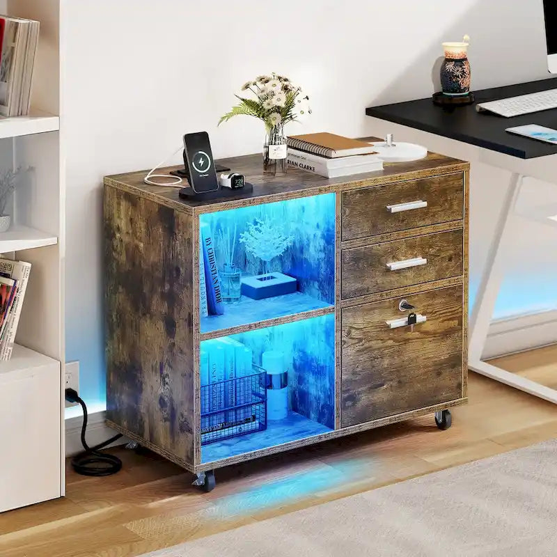 3-Drawer Mobile LED Filing Cabinet with Charging Station, Fits A4/Letter Size
