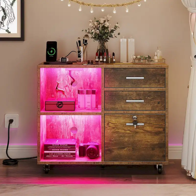 3-Drawer Mobile LED Filing Cabinet with Charging Station, Fits A4/Letter Size