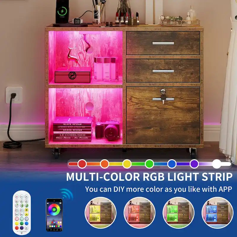 3-Drawer Mobile LED Filing Cabinet with Charging Station, Fits A4/Letter Size
