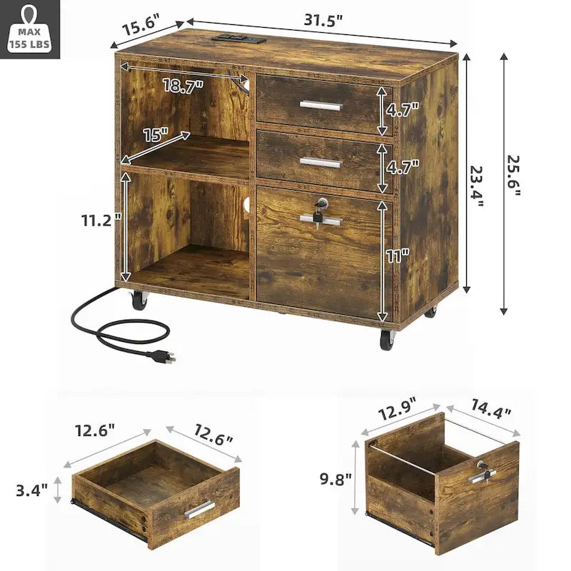 3-Drawer Mobile LED Filing Cabinet with Charging Station, Fits A4/Letter Size