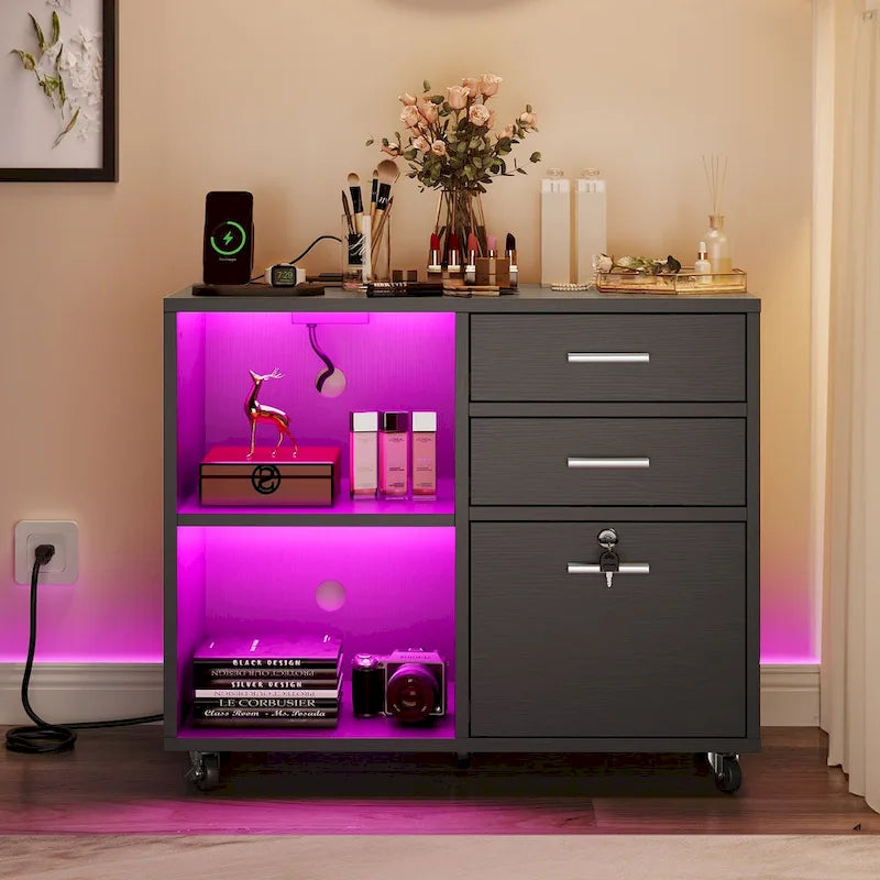 3-Drawer Mobile LED Filing Cabinet with Charging Station, Fits A4/Letter Size
