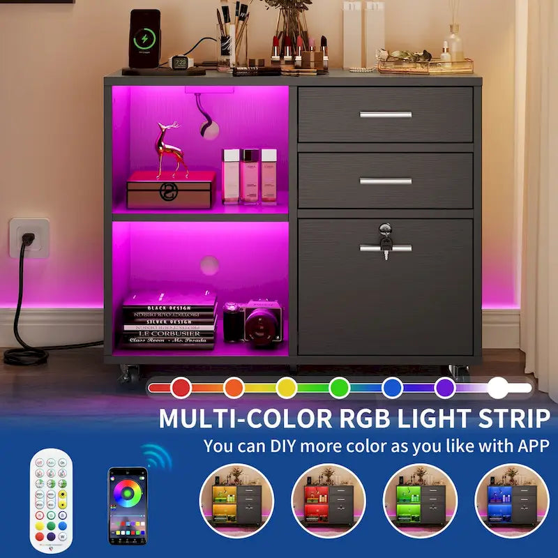 3-Drawer Mobile LED Filing Cabinet with Charging Station, Fits A4/Letter Size