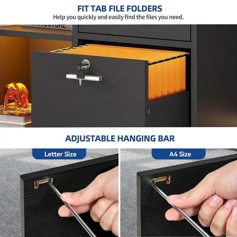 3-Drawer Mobile LED Filing Cabinet with Charging Station, Fits A4/Letter Size