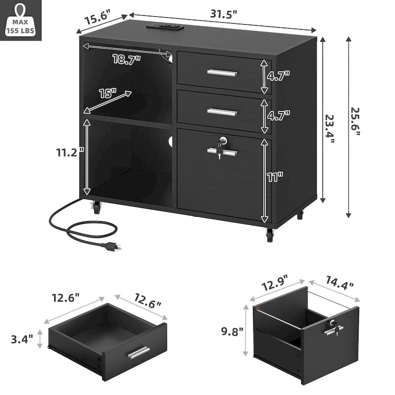 3-Drawer Mobile LED Filing Cabinet with Charging Station, Fits A4/Letter Size