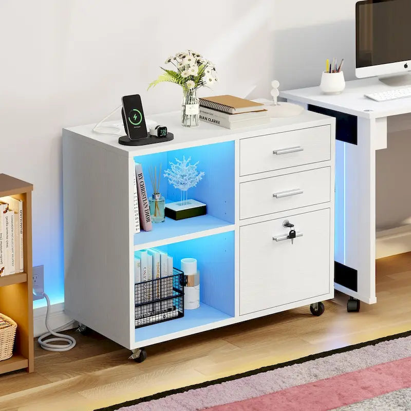 3-Drawer Mobile LED Filing Cabinet with Charging Station, Fits A4/Letter Size
