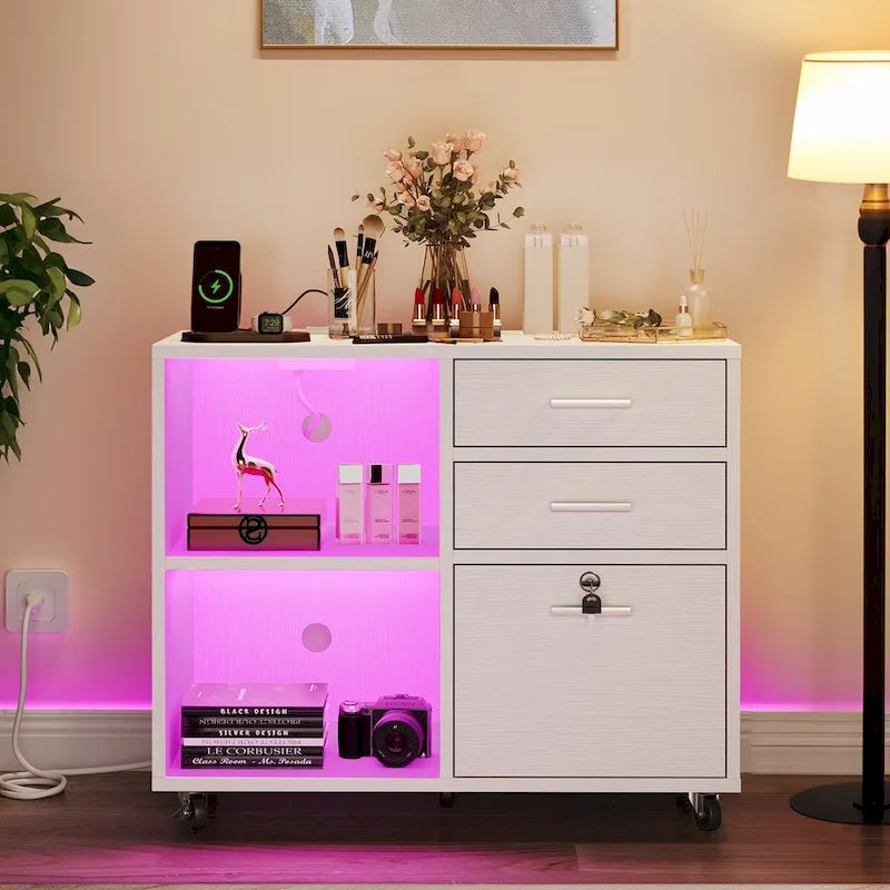3-Drawer Mobile LED Filing Cabinet with Charging Station, Fits A4/Letter Size