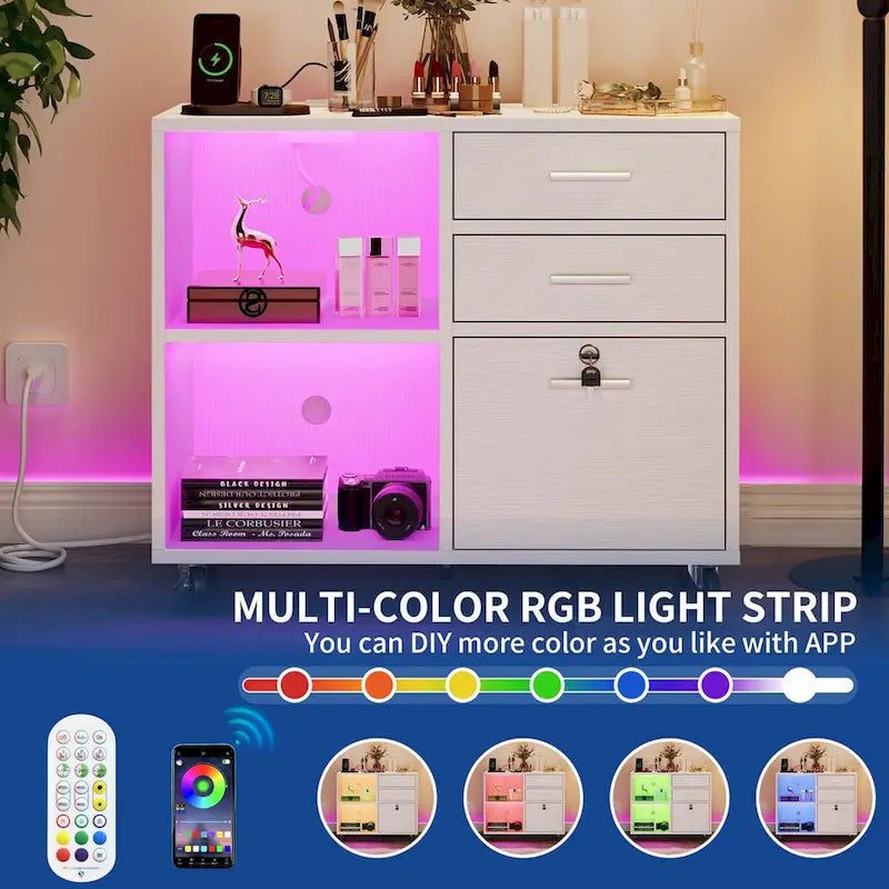 3-Drawer Mobile LED Filing Cabinet with Charging Station, Fits A4/Letter Size