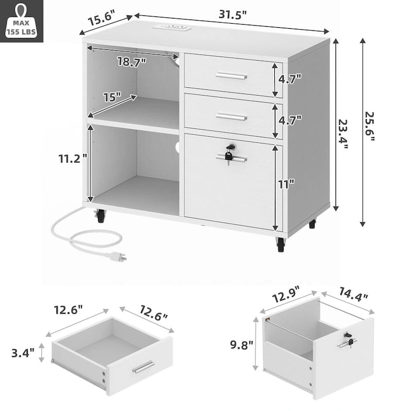 3-Drawer Mobile LED Filing Cabinet with Charging Station, Fits A4/Letter Size